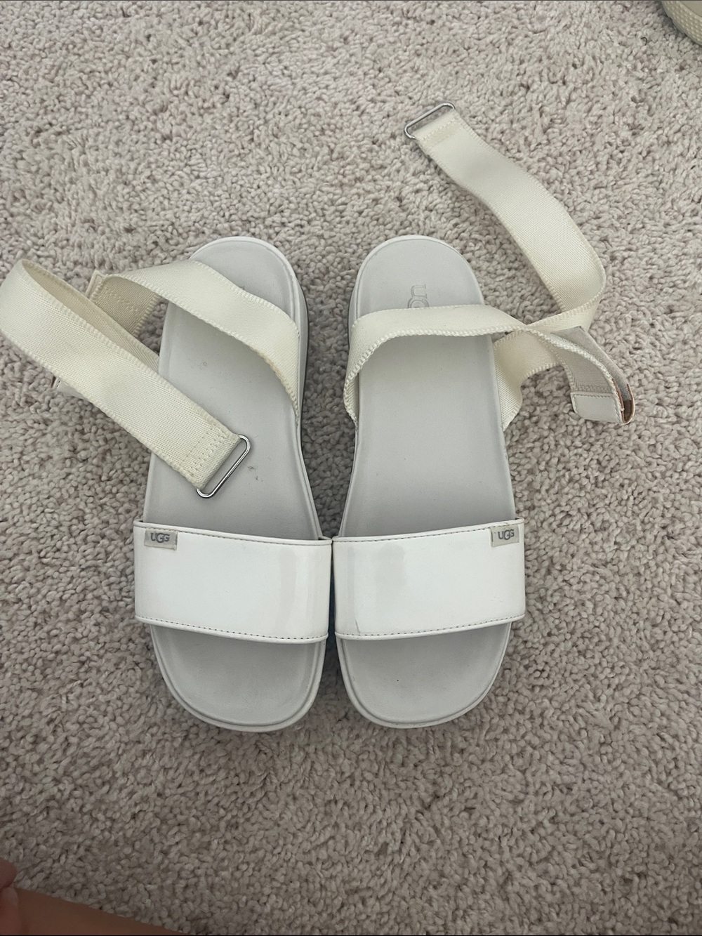 UGG White Patent Slide Sandals with Cream Ankle Straps